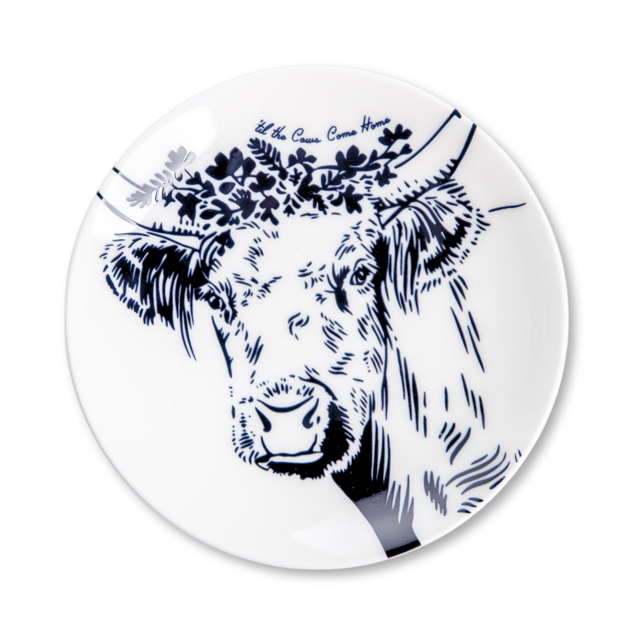 Appetizer white and navy plate with cow