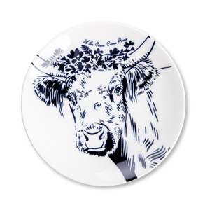 Appetizer white and navy plate with cow