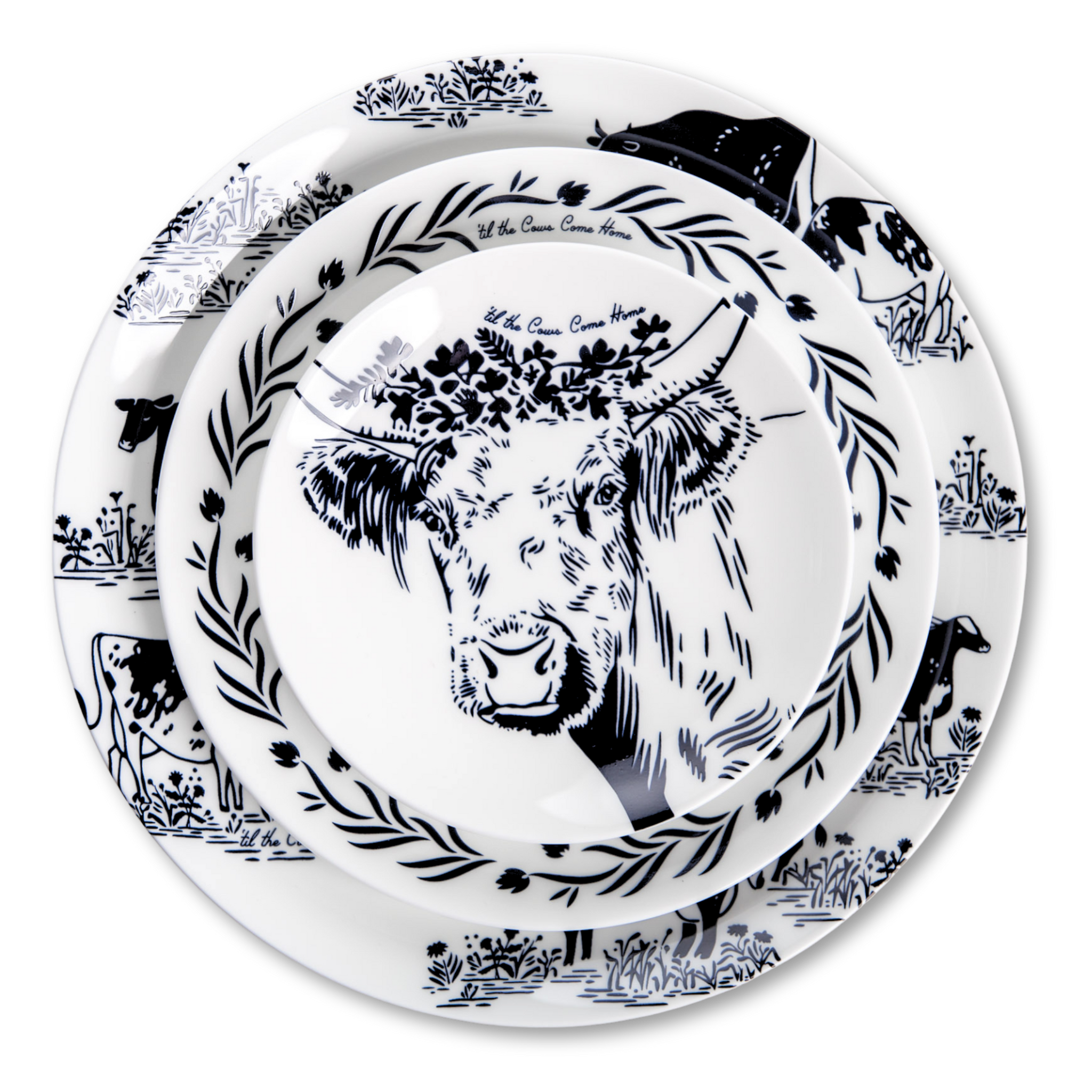 White and navy dinning set with cows and farm designs