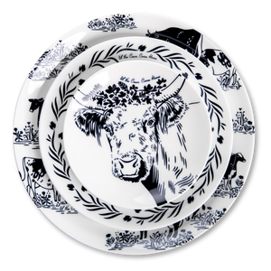 White and navy dinning set with cows and farm designs